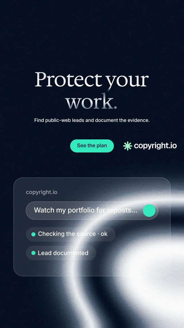 Instagram story for copyright.io: "Protect your work." Y2K style, centred layout, dark palette in black, blue, grey.
