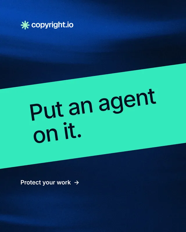 Instagram portrait post for copyright.io: "Put an agent on it." Minimal luxury style, diagonal layout, dark palette in teal, blue, black.