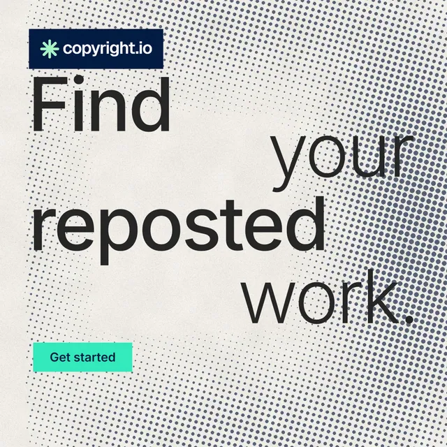 Instagram post for copyright.io: "Find your reposted work." Swiss style, stacked layout, light palette in grey, orange, white.