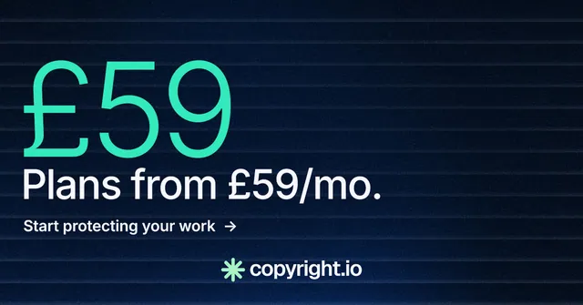 Social ad for copyright.io: "Your content is being stolen." Minimal luxury style, stat layout, dark palette in black, blue, teal.