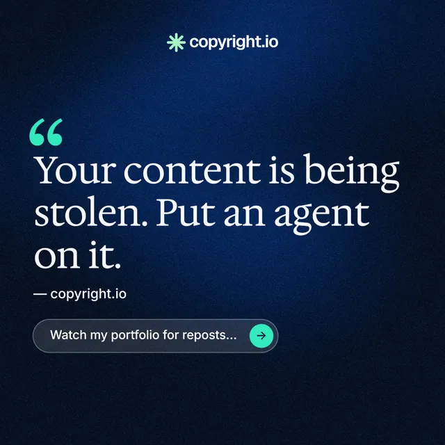Instagram post for copyright.io: "Your content is being stolen." Agentic glass style, quote layout, dark palette in blue, black.