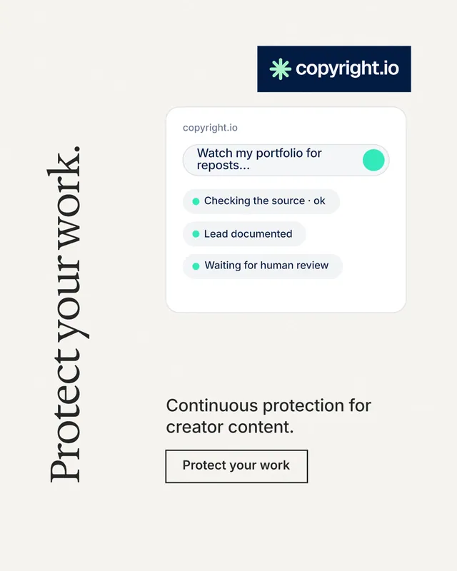 Instagram portrait post for copyright.io: "Protect your work." Editorial style, vertical layout, light palette in white.