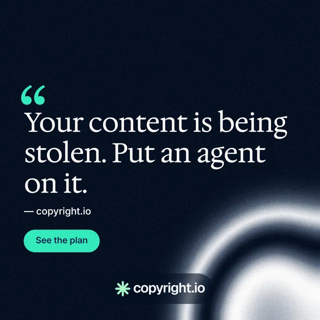 Instagram post for copyright.io: "Protect your work." Y2K style, quote layout, dark palette in black, grey.