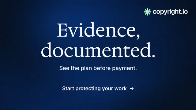 Landscape graphic for copyright.io: "Evidence, documented." Minimal luxury style, centred layout, dark palette in blue, black.