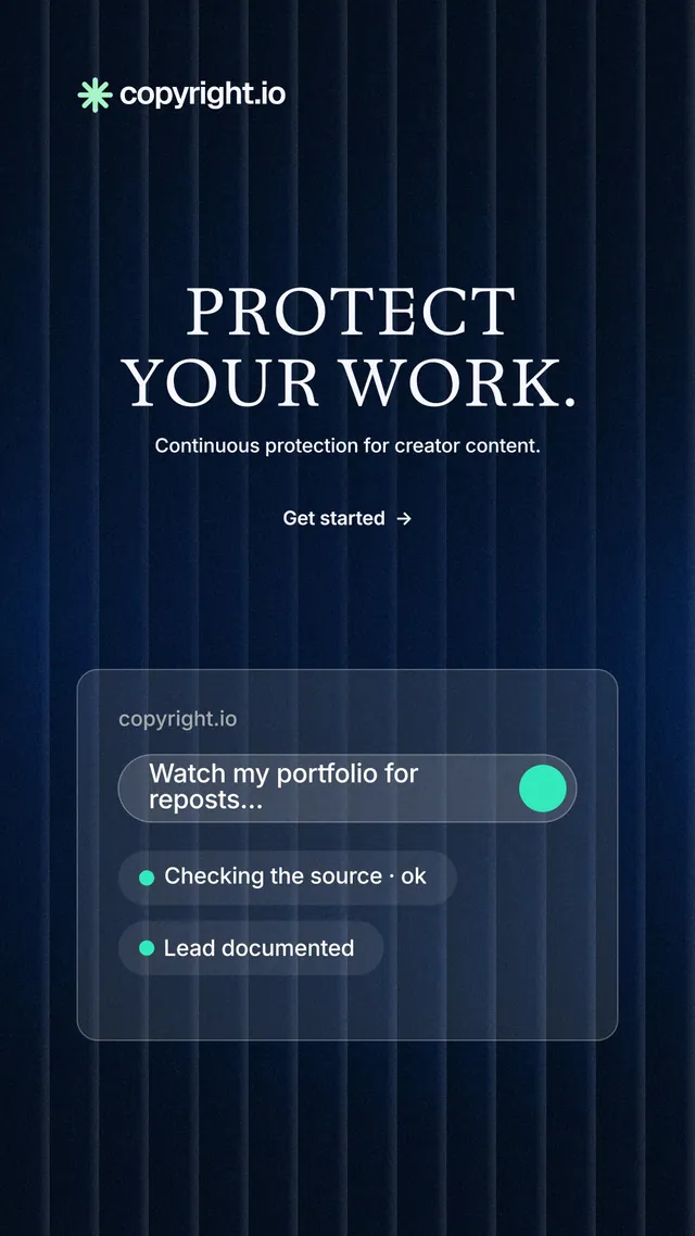 Instagram story for copyright.io: "Protect your work." Minimal luxury style, centred layout, dark palette in black, blue.
