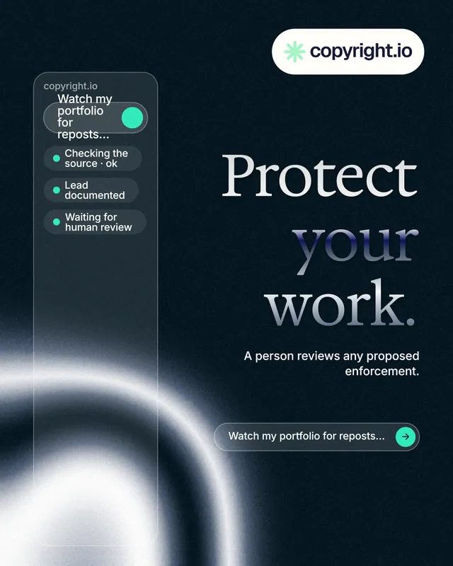 Instagram portrait post for copyright.io: "Protect your work." Agentic glass style, right layout, dark palette in blue, black, grey.