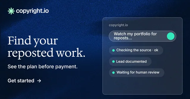 Social ad for copyright.io: "Find your reposted work." Minimal luxury style, bottom layout, dark palette in blue, black.