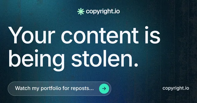 Social ad for copyright.io: "Your content is being stolen." Agentic glass style, poster layout, dark palette in blue, black.