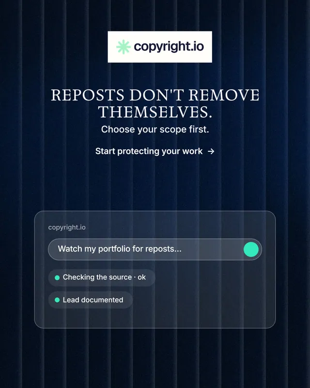 Instagram portrait post for copyright.io: "Reposts don't remove themselves." Minimal luxury style, centred layout, dark palette in black, blue, grey.