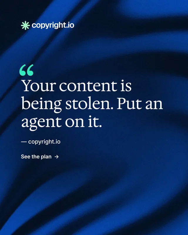 Instagram portrait post for copyright.io: "Put an agent on it." Minimal luxury style, quote layout, dark palette in blue, black.