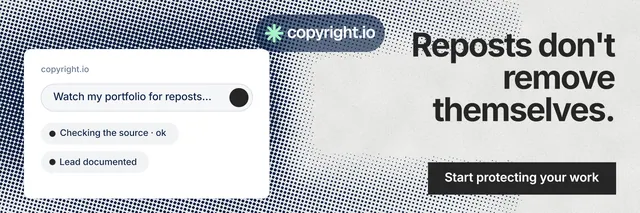 X header for copyright.io: "Reposts don't remove themselves." Swiss style, right layout, light palette in white, grey.