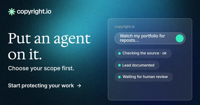 Social ad for copyright.io: "Put an agent on it." Minimal luxury style, bottom layout, dark palette in blue, black, teal.