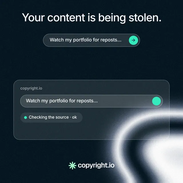 Instagram post for copyright.io: "Your content is being stolen." Agentic glass style, skeleton layout, dark palette in blue, black, grey.