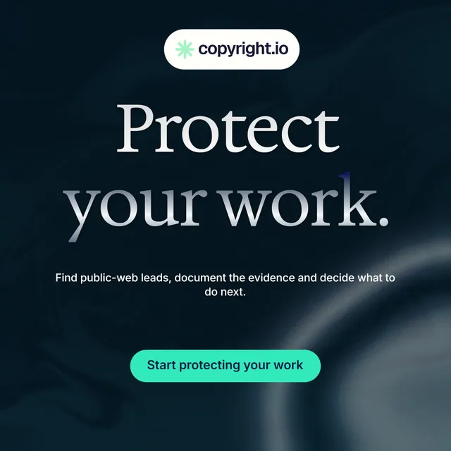 Instagram post for copyright.io: "Protect your work." Y2K style, centred layout, dark palette in black, grey.