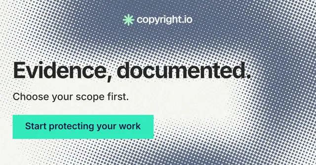 Social ad for copyright.io: "Evidence, documented." Swiss style, skeleton layout, light palette in grey, teal, white.
