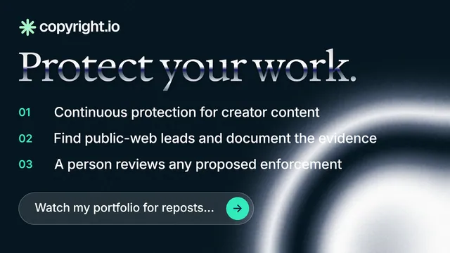 Landscape graphic for copyright.io: "Protect your work." Agentic glass style, numbered layout, dark palette in black, blue, grey.