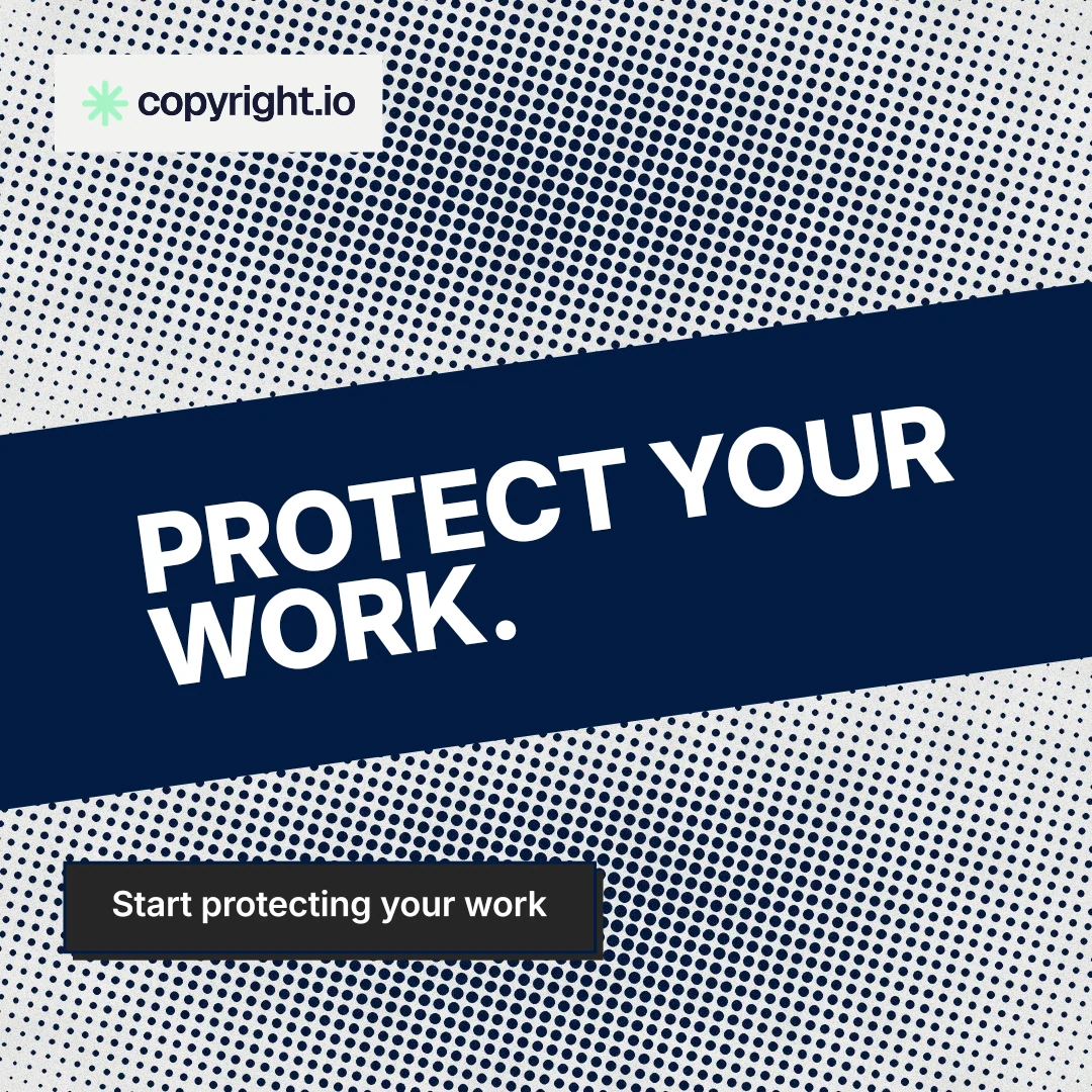 Instagram post for copyright.io: "Protect your work." Brutalist style, diagonal layout, light palette in grey, blue, white.