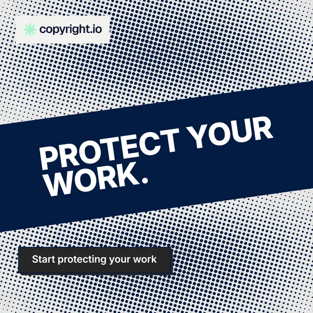 Instagram post for copyright.io: "Protect your work." Brutalist style, diagonal layout, light palette in grey, blue, white.