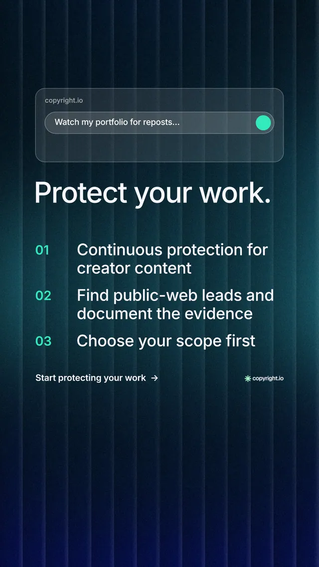Instagram story for copyright.io: "Protect your work." Minimal luxury style, numbered layout, dark palette in black, blue.