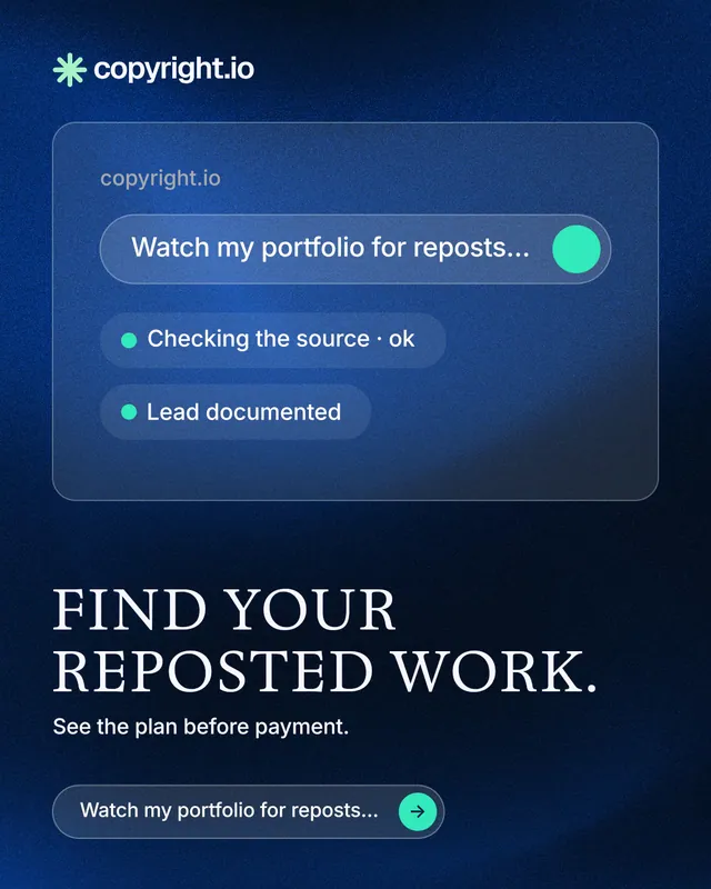 Instagram portrait post for copyright.io: "Find your reposted work." Agentic glass style, bottom layout, dark palette in blue, black.