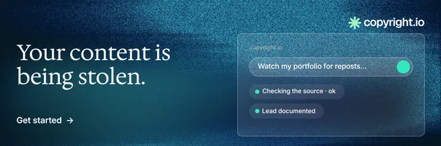 X header for copyright.io: "Your content is being stolen." Minimal luxury style, bottom layout, dark palette in blue.