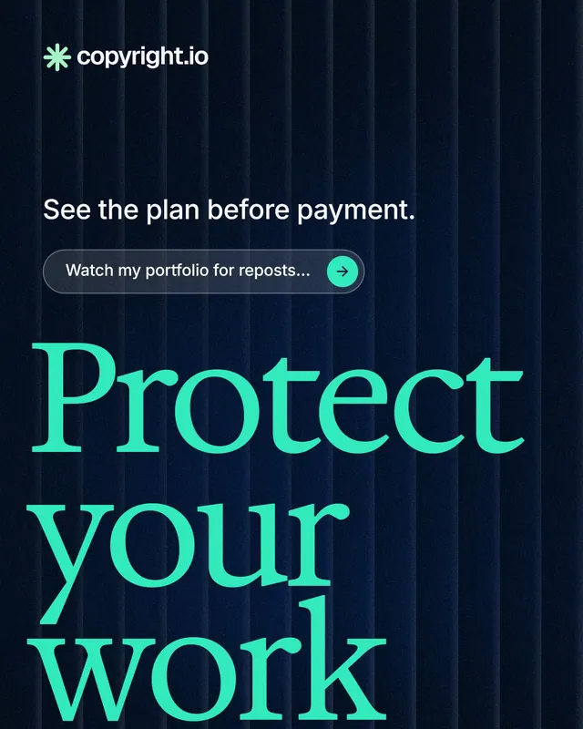 Instagram portrait post for copyright.io: "Find your reposted work." Agentic glass style, oversized layout, dark palette in black, teal.