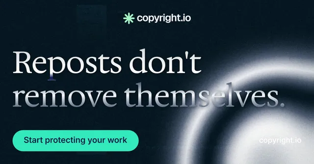 Social ad for copyright.io: "Reposts don't remove themselves." Y2K style, poster layout, dark palette in black, teal, blue.
