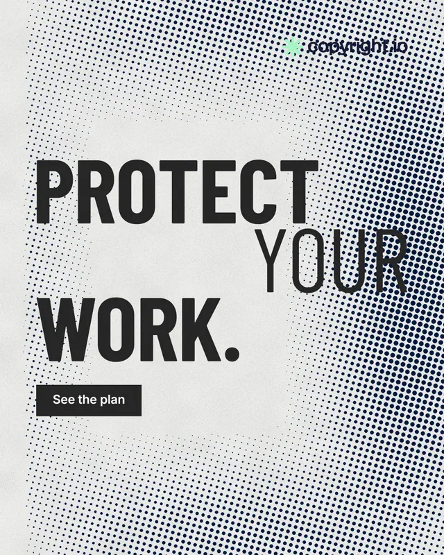 Instagram portrait post for copyright.io: "Protect your work." Retro print style, stacked layout, light palette in grey, white.