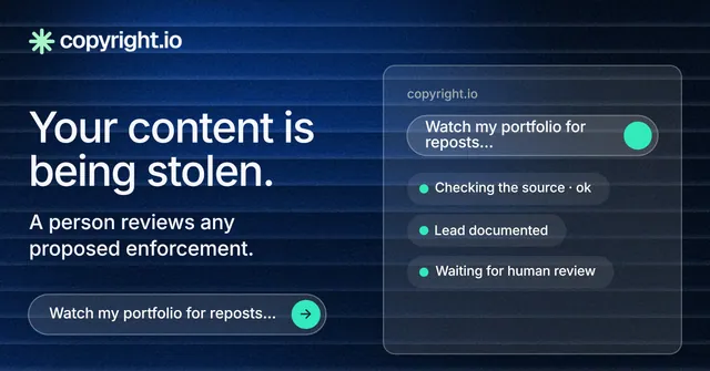 Social ad for copyright.io: "Your content is being stolen." Agentic glass style, bottom layout, dark palette in blue, black, grey.