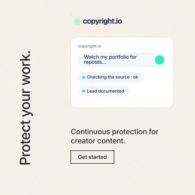 Instagram post for copyright.io: "Protect your work." Editorial style, vertical layout, light palette in white, grey.
