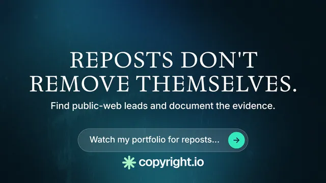 Landscape graphic for copyright.io: "Reposts don't remove themselves." Agentic glass style, centred layout, dark palette in blue, black, teal.