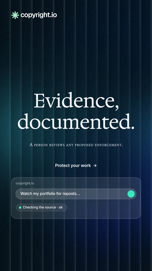 Instagram story for copyright.io: "Evidence, documented." Agentic glass style, smallcaps layout, dark palette in black, blue.