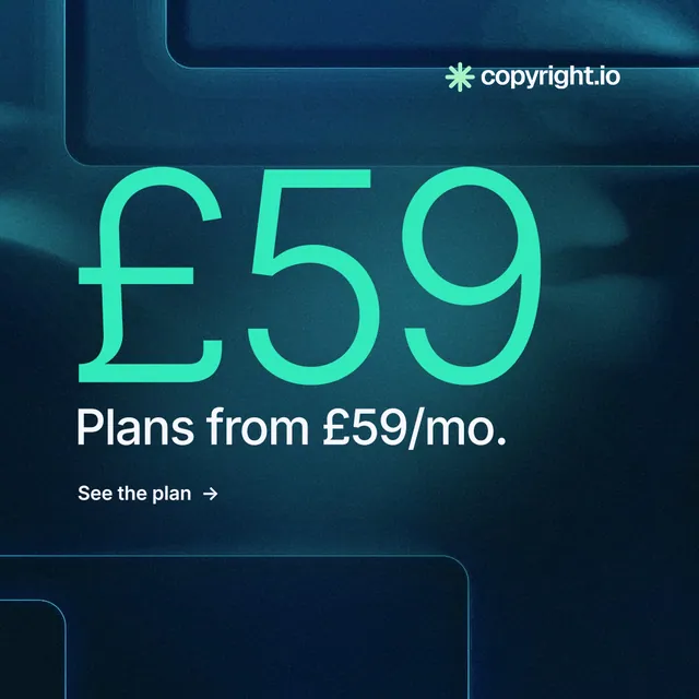 Instagram post for copyright.io: "See the plan first." Minimal luxury style, stat layout, dark palette in blue, black, teal.