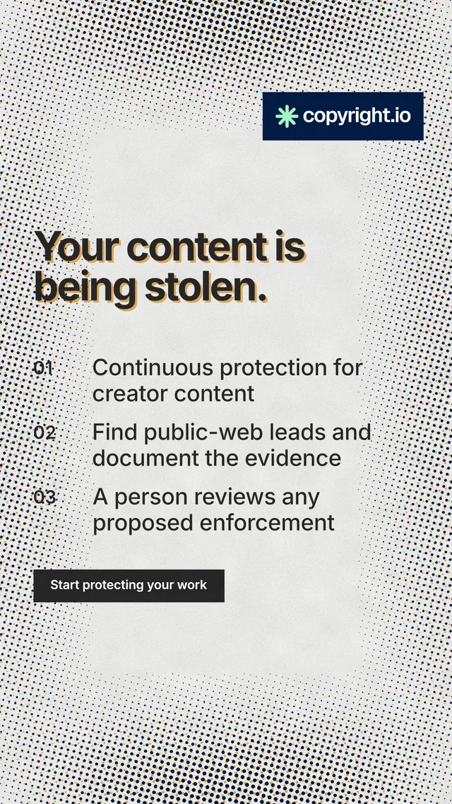 Instagram story for copyright.io: "Your content is being stolen." Swiss style, numbered layout, light palette in grey, white.
