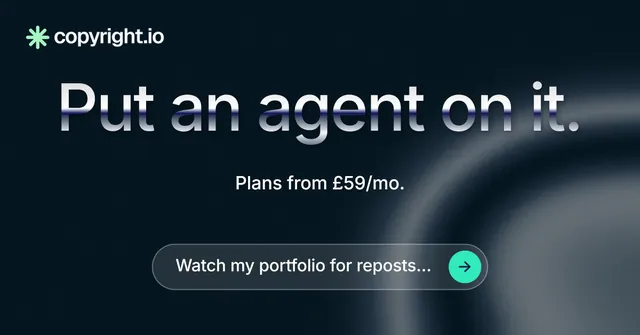 Social ad for copyright.io: "Put an agent on it." Agentic glass style, centred layout, dark palette in black, grey, blue.