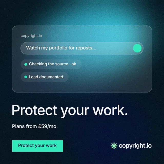 Instagram post for copyright.io: "Protect your work." Swiss style, bottom layout, dark palette in teal, blue, black.