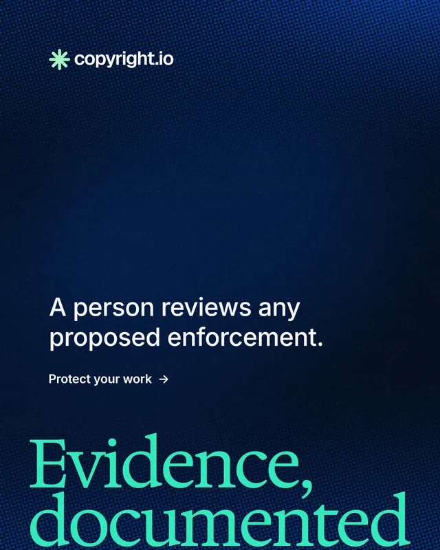 Instagram portrait post for copyright.io: "Your content is being stolen." Minimal luxury style, oversized layout, dark palette in blue, black.