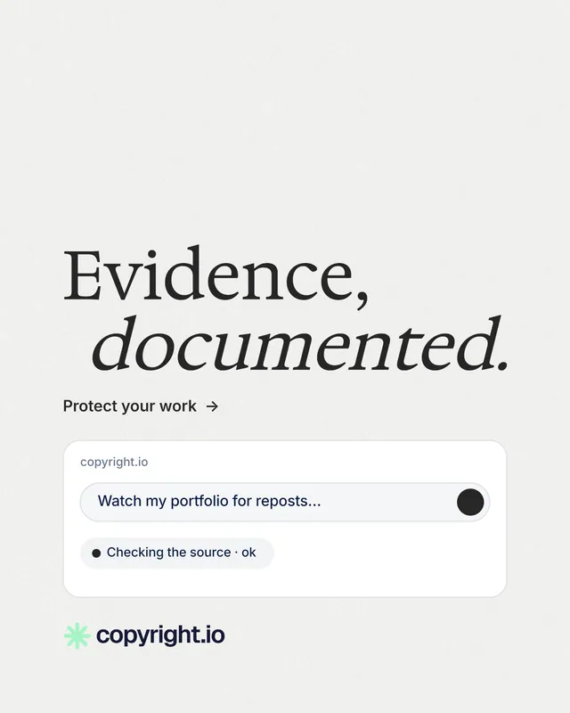 Instagram portrait post for copyright.io: "Evidence, documented." Minimal luxury style, stacked layout, light palette in white.