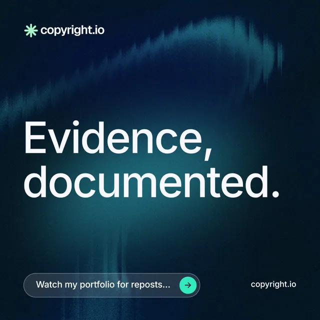 Instagram post for copyright.io: "Evidence, documented." Agentic glass style, poster layout, dark palette in blue, black.