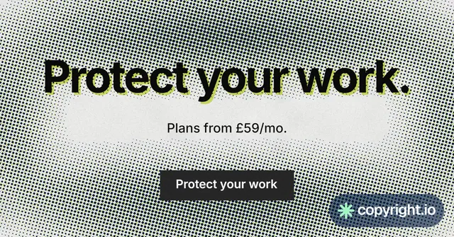 Social ad for copyright.io: "Protect your work." Swiss style, centred layout, light palette in white, grey.