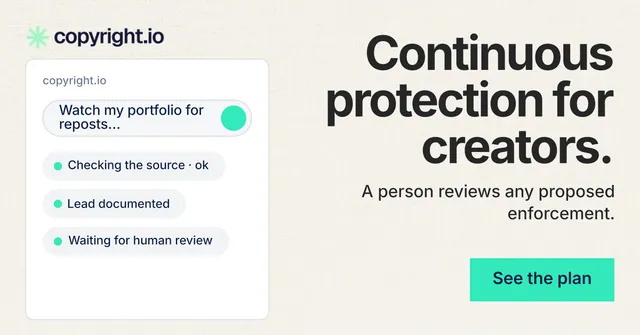 Social ad for copyright.io: "Continuous protection for creators." Swiss style, right layout, light palette in white, grey, green.