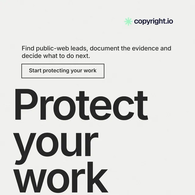 Instagram post for copyright.io: "See the plan first." Editorial style, oversized layout, light palette in white, grey.