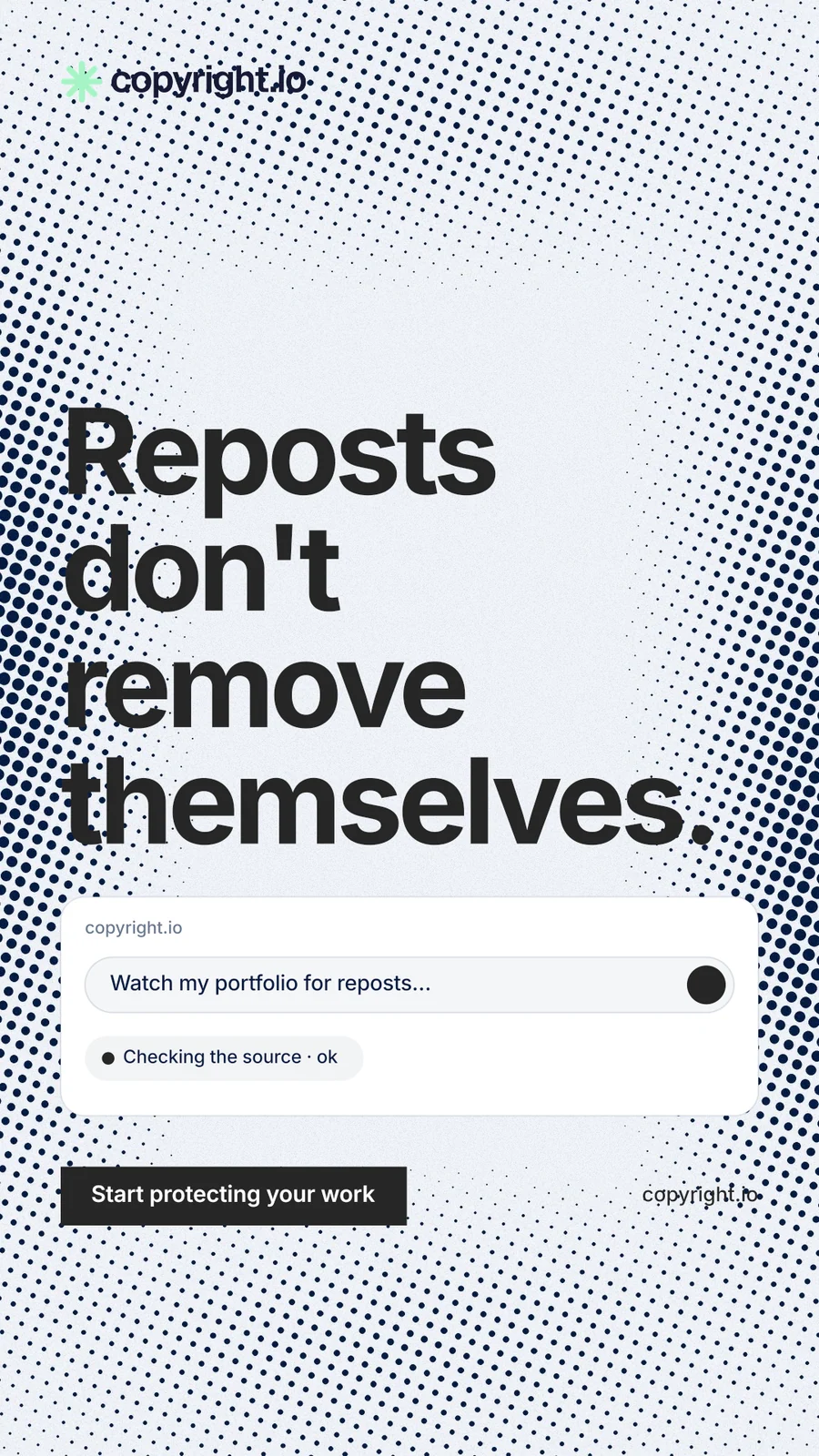 Instagram story for copyright.io: "Reposts don't remove themselves." Swiss style, poster layout, light palette in blue, white, grey.