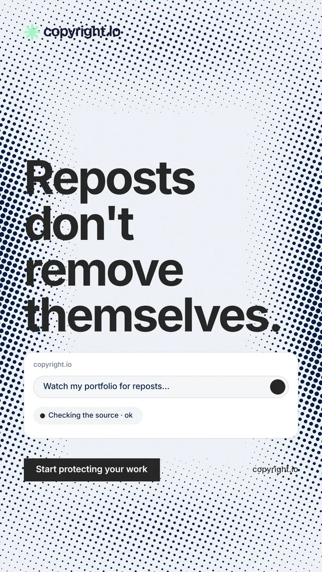Instagram story for copyright.io: "Reposts don't remove themselves." Swiss style, poster layout, light palette in blue, white, grey.
