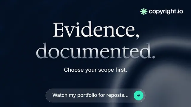 Landscape graphic for copyright.io: "Evidence, documented." Agentic glass style, centred layout, dark palette in black, grey, blue.