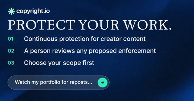 Social ad for copyright.io: "Protect your work." Agentic glass style, numbered layout, dark palette in blue, black.