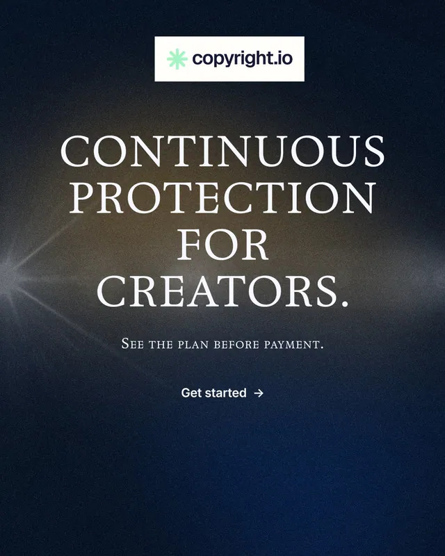 Instagram portrait post for copyright.io: "Continuous protection for creators." Minimal luxury style, smallcaps layout, dark palette in black, blue, grey.