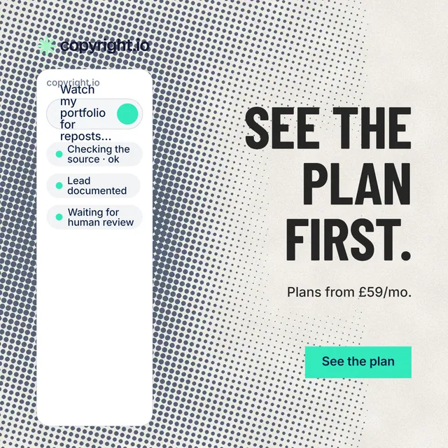 Instagram post for copyright.io: "See the plan first." Retro print style, right layout, light palette in grey, white.