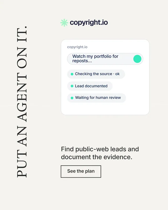 Instagram portrait post for copyright.io: "Put an agent on it." Editorial style, vertical layout, light palette in white.