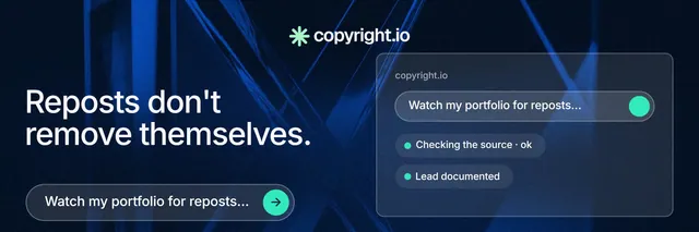 X header for copyright.io: "Reposts don't remove themselves." Agentic glass style, bottom layout, dark palette in blue, black.
